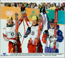 Hans Knaus, Austria, Hermann Maier, Austria, and Didier Cuche, Switzerland. Maier took Olympic gold while Knaus and Cuche shared the OS silver. - Vintage Photograph