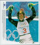 Katja Seizinger rages her joy when it is clear that she drove home Olympic gold in the alpine combination. - Vintage Photograph