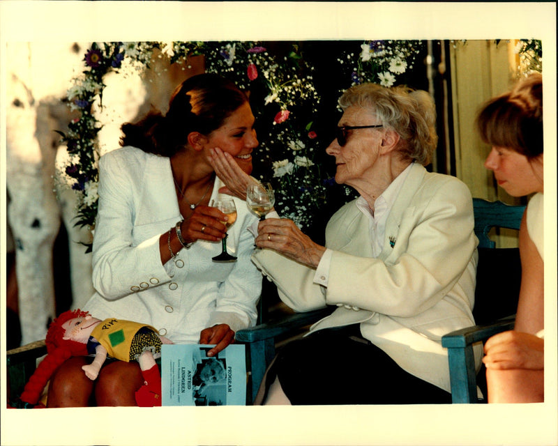Crown Princess Victoria with the writer Astrid Lindgren at a ceremony at Junibacken where Astrid was awarded the award for the Swedish Year of the Year - Vintage Photograph