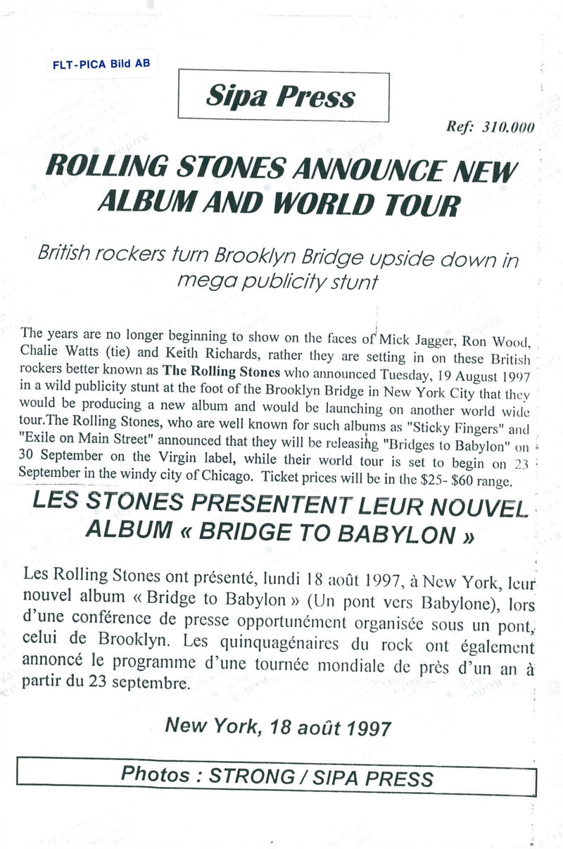 The Rolling Stones announces the album release of Bridges to Babylon under the Brooklyn Bridge - Vintage Photograph
