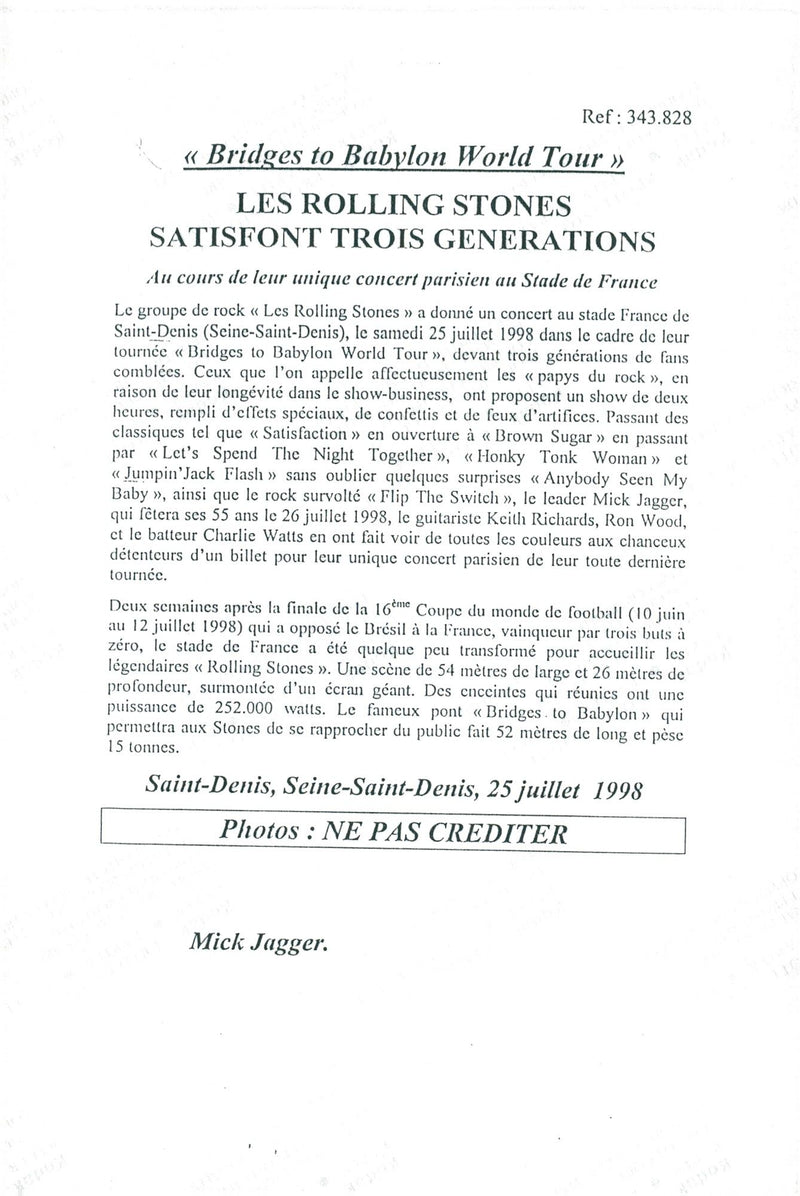 Mick Jagger during The Rolling Stones concert at Stade de France - Vintage Photograph