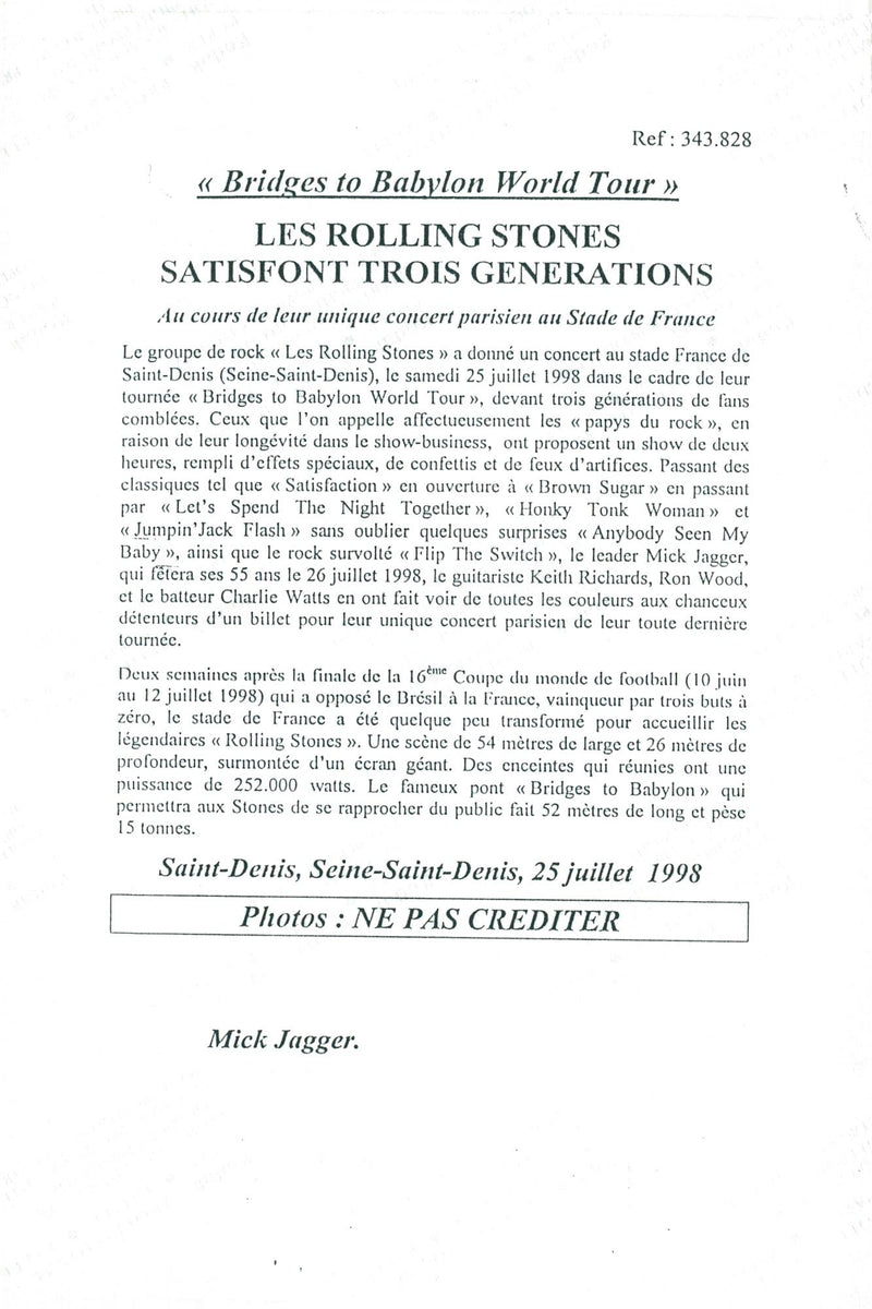 Mick Jagger during The Rolling Stones concert at Stade de France - Vintage Photograph