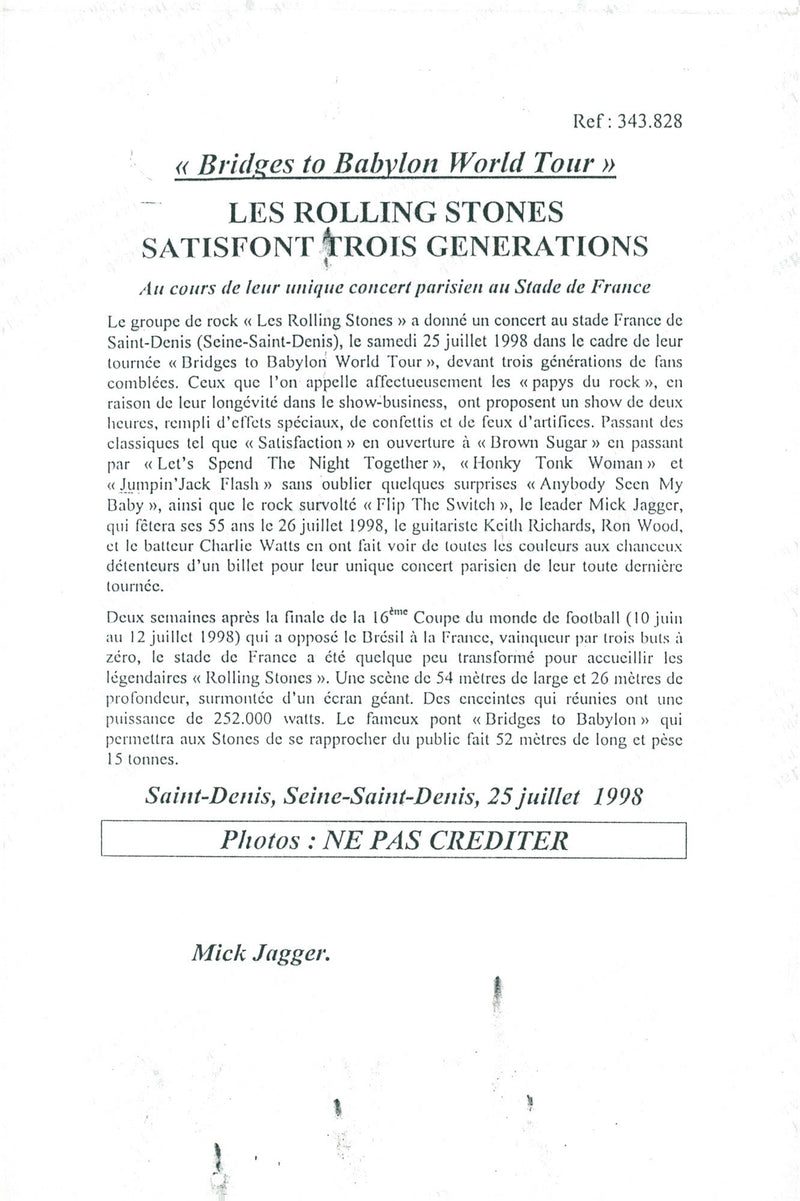 Mick Jagger during The Rolling Stones concert at Stade de France - Vintage Photograph