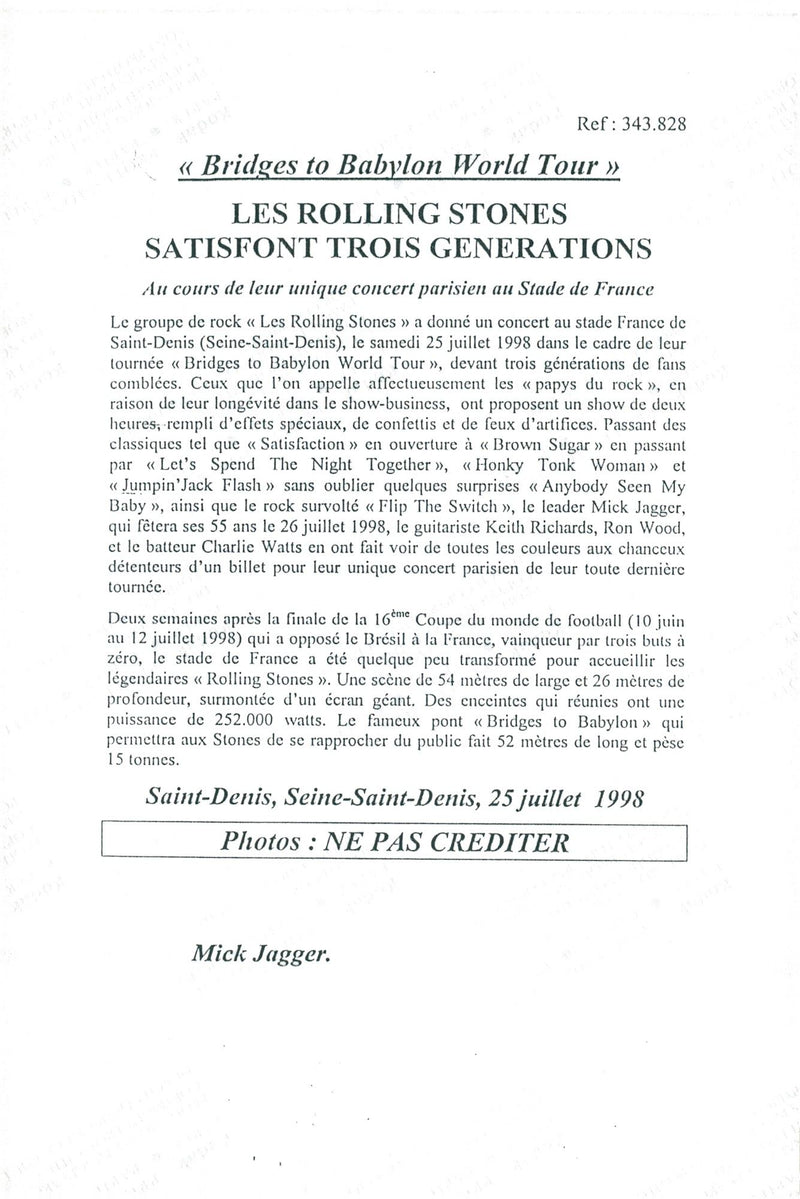 Mick Jagger during The Rolling Stones concert at Stade de France - Vintage Photograph