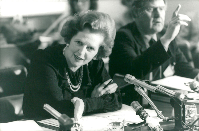 Margaret Thatcher in front of the microphones - Vintage Photograph