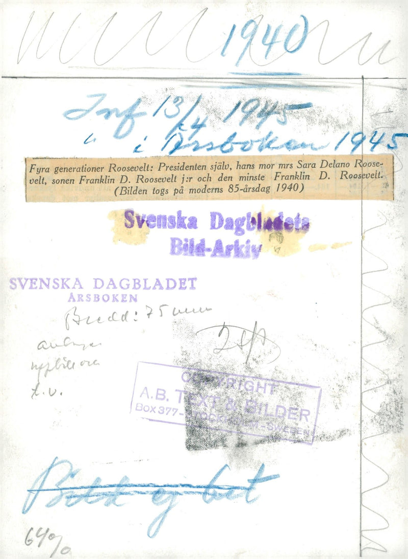 Sara Delano Roosevelt, Franklin D Roosevelt, Son Franklin D. Roosevelt Jr. And grandson Franklin D. Roosevelt. - 13 April 1945 - Vintage Photograph