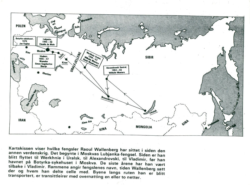 Kartskiss showing the prisons that Raoul Wallenberg claims to have been in since WWII. - Vintage Photograph