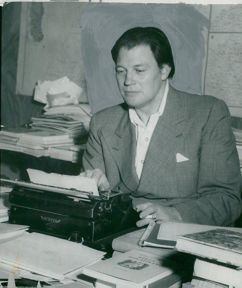 The author Harry Martinson writes on his typewriter - 28 December 1948 - Vintage Photograph