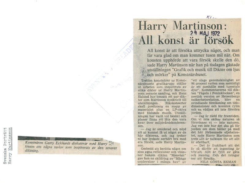 Artist Gerry Eckhardt discusses with Harry Martinson about paintings inspired by the poet&#39;s poetry during exhibition at the Artist&#39;s House - Vintage Photograph