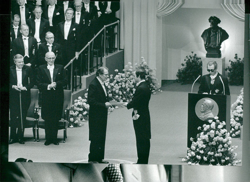 The author Harry Martinson receives the Nobel Prize by King Carl XVI Gustaf in the Concert Hall - Vintage Photograph