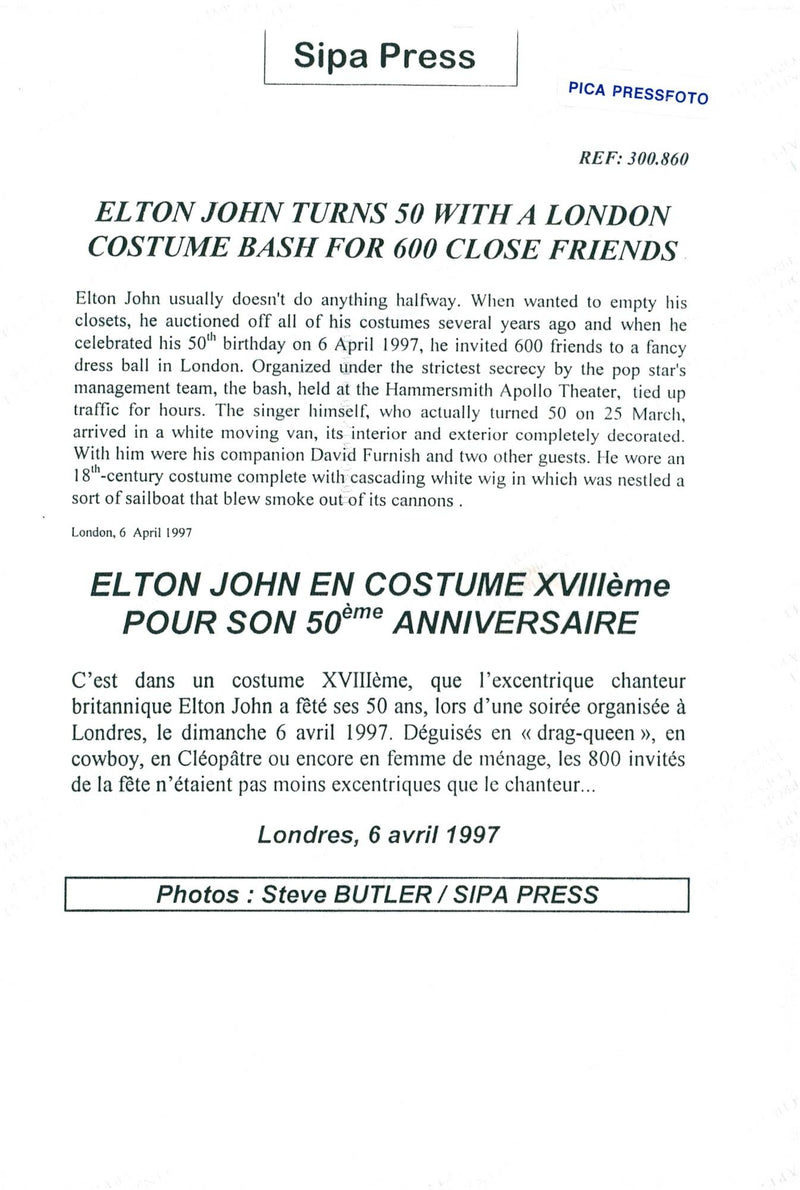 Elton John in a 19th century suit along with David Furnish at the ball on his 50th birthday - Vintage Photograph