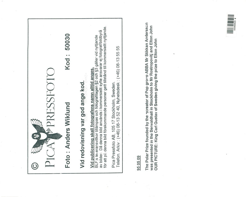 King Carl XVI Gustaf handed Polar Prize to Elton John at the Berwald Hall - Vintage Photograph