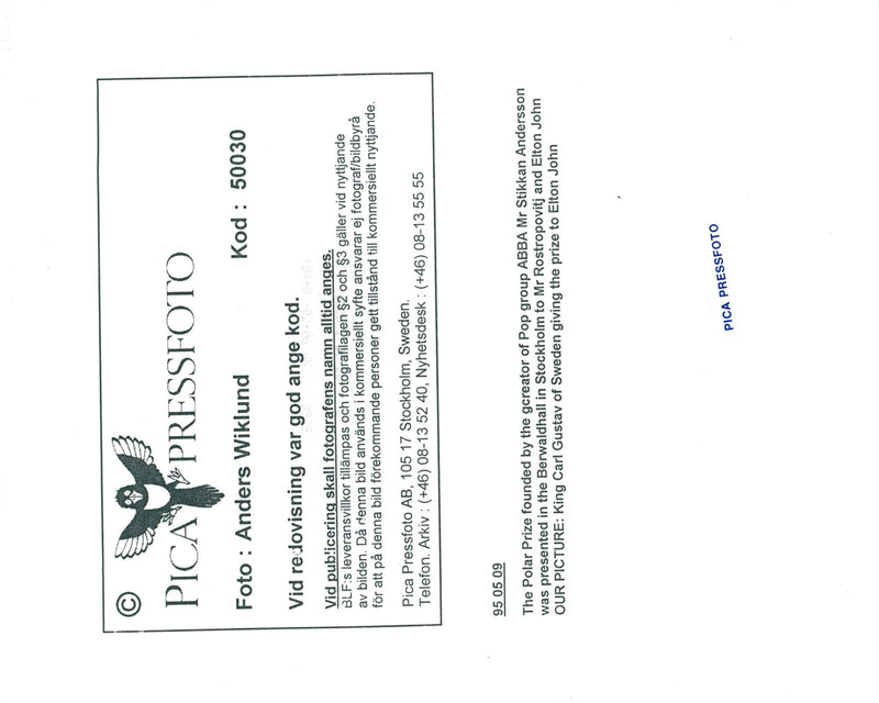 King Carl XVI Gustaf handed Polar Prize to Elton John at the Berwald Hall - Vintage Photograph