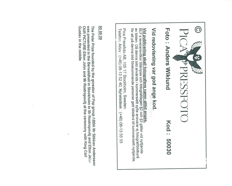 King Carl XVI Gustaf flanked by the two Polar Prize winners Mstislav Rostropovitj and Elton John at the Berwald Hall - Vintage Photograph