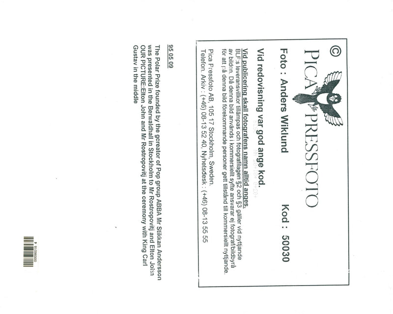 King Carl XVI Gustaf flanked by the two Polar Prize winners Mstislav Rostropovitj and Elton John at the Berwald Hall - Vintage Photograph