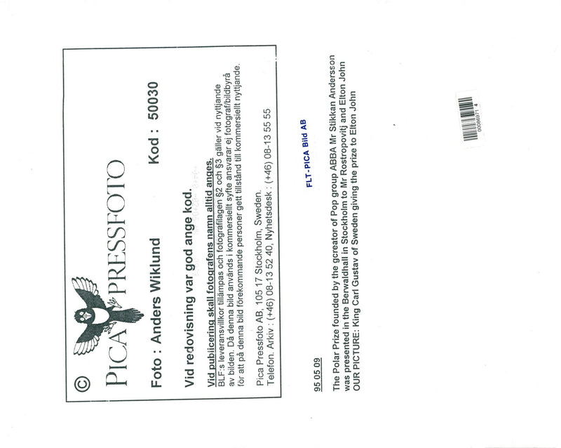 King Carl XVI Gustaf handed Polar Prize to Elton John at the Berwald Hall - Vintage Photograph