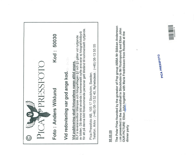 Roxettes Marie Fredriksson with Polar Prize winner Elton John at the Polar Prism Dinner - Vintage Photograph