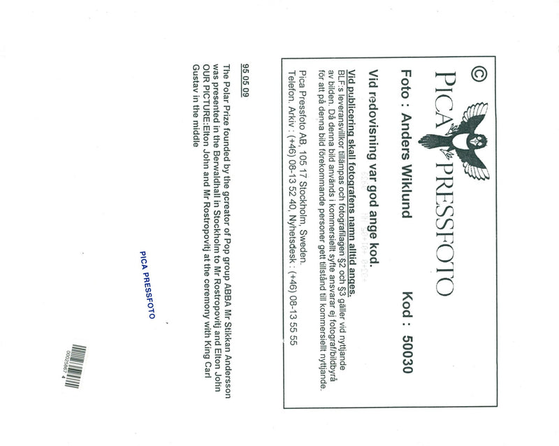 King Carl XVI Gustaf flanked by the two Polar Prize winners Mstislav Rostropovitj and Elton John at the Berwald Hall - Vintage Photograph