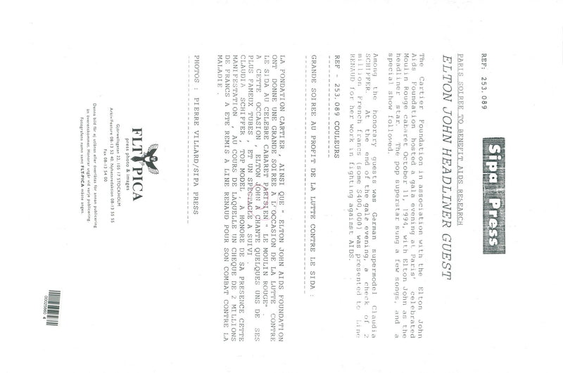 Line Renaud awarded a check by Elton John at the Moulin Rouge charity hosted by the Cartier Foundation and Elton John AIDS Foundation - Vintage Photograph