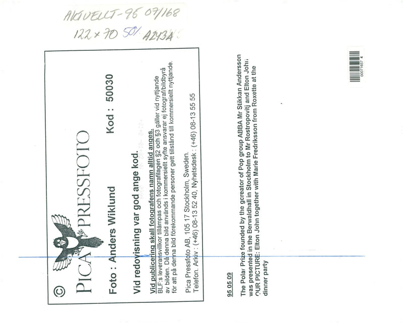 Elton John together with Roxette star Marie Fredriksson at the Polar Award ceremony in Berwald Hall. - Vintage Photograph