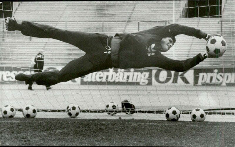 DjurgÃ¥rd goalkeeper BjÃ¶rn Alkeby throws himself down after a football - Vintage Photograph