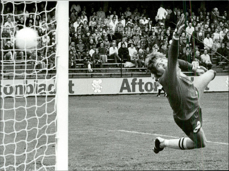 DjurgÃ¥rd goalkeeper BjÃ¶rn Alkeby throws himself down after a football - Vintage Photograph