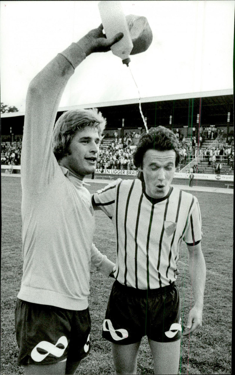 DjurgÃ¥rd goalkeeper BjÃ¶rn Alkeby sprains water on team mate - Vintage Photograph