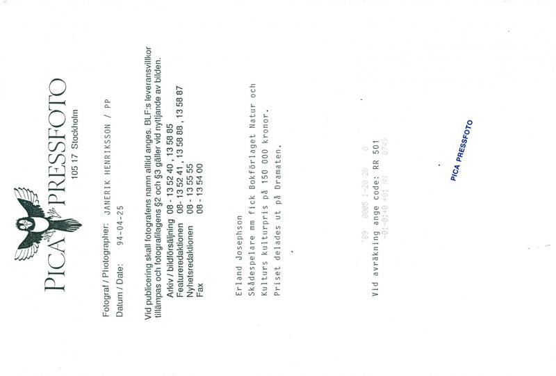 Erland Josephson received the Book Publishing Nature and Culture award price of SEK 150,000 - Vintage Photograph