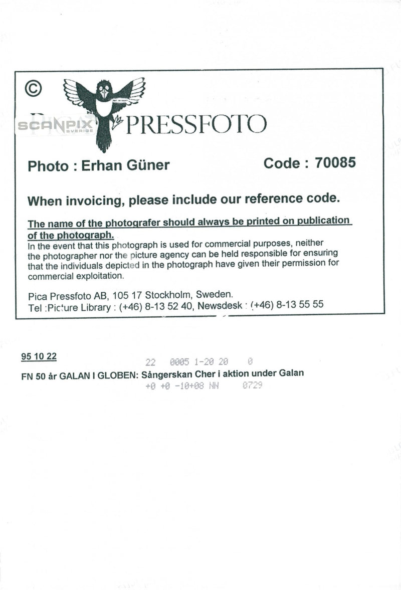 Cher appears at the 50th anniversary of the UN in the Globe - Vintage Photograph