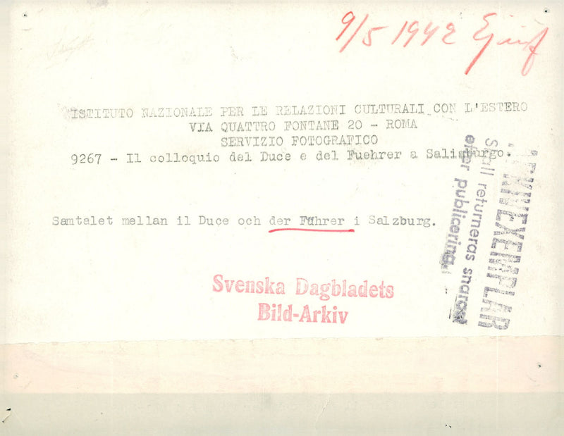 1942 LUCE CONVERSATION BETWEEN DUCE FUHRER SALZBURG DAGBLADETS PER RELAZIONI FOT - Vintage Photograph