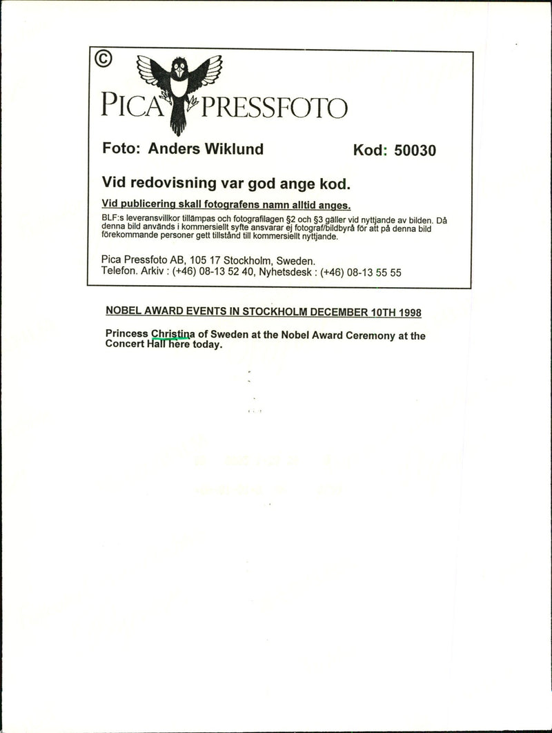 Princess Christina at the Nobel Prize ceremony at the Concert Hall - Vintage Photograph