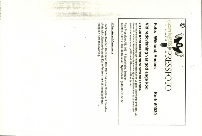 Princess Christina in concert with literary prize winner Dario Fo (Italy) during the gala dinner - Vintage Photograph