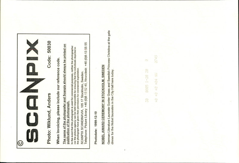 Princess Christina in concert with German literary prize winner GÃ¼nter Grass during the gala dinner in Stockholm City Hall - Vintage Photograph