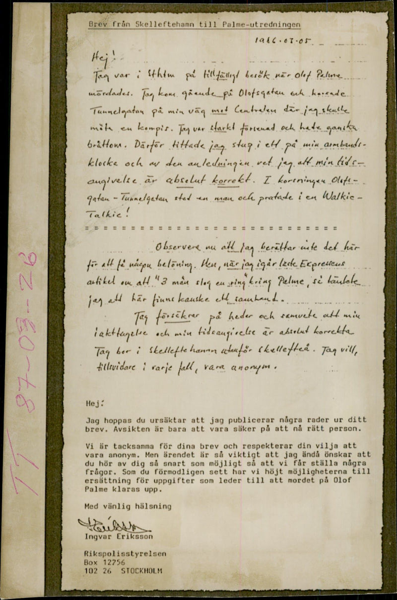 Palme murder. Parts of one of the letters from a person similar to a key witness in the Palme investigation - Vintage Photograph