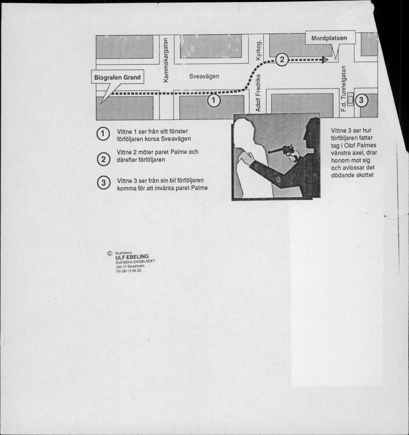 Palme murder. A map showing the course of events at the murder - Vintage Photograph