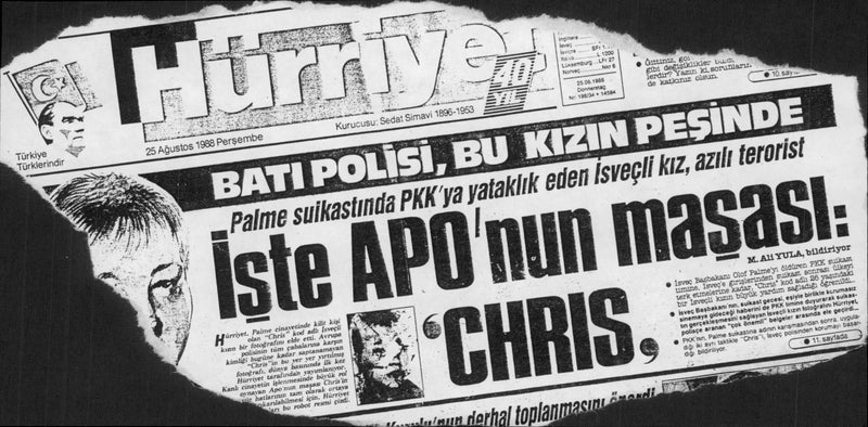 Turkish-Turkish newspaper HÃ¼rriyet claims that a 26-year-old woman with the code &quot;Chris&quot; played a crucial role in the murder of Olof Palme - Vintage Photograph