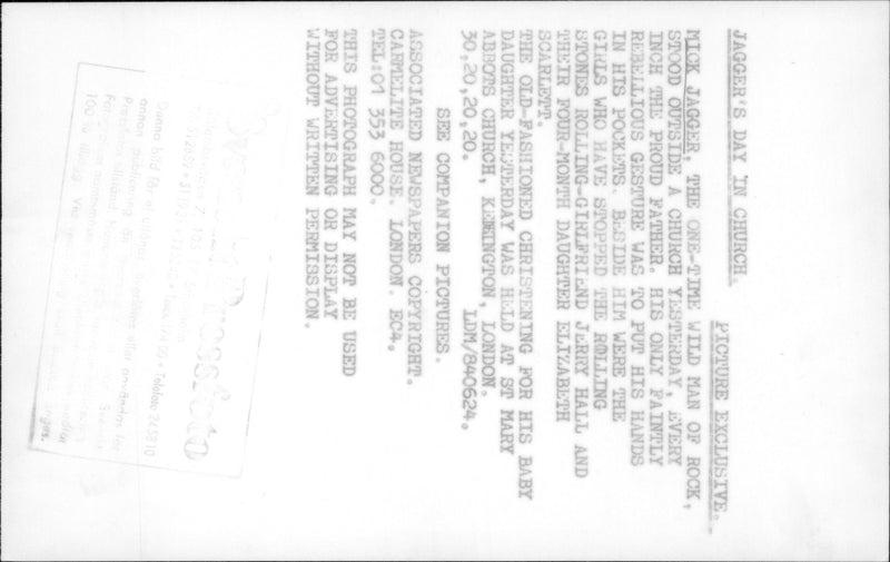 Mick Jagger with the model Jerry Hall to rename their daughter in the Church of St Mary Abbots - Vintage Photograph