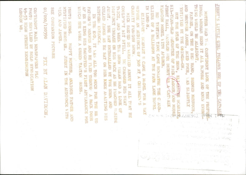 Mick Jagger and the model model Jerry Hall as well as their son James Leroy at Mick&#39;s daughter Elizabeth Scarlet&#39;s first fashion show at Park Lane Hotel - Vintage Photograph