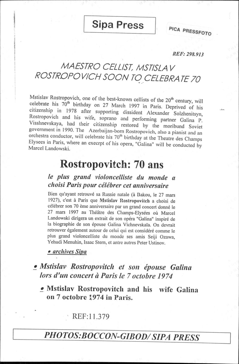 Mstislav Rostropovitj together with his wife Galina after a concert in Paris - Vintage Photograph