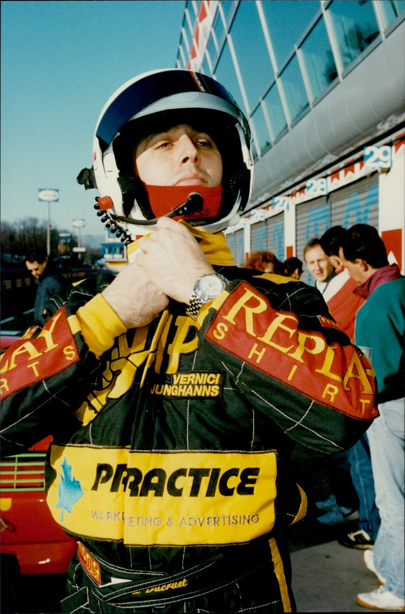 Daniel Ducruet is trying to drive Ferrari on the Autodromo Nazionale Monza race track. - Vintage Photograph