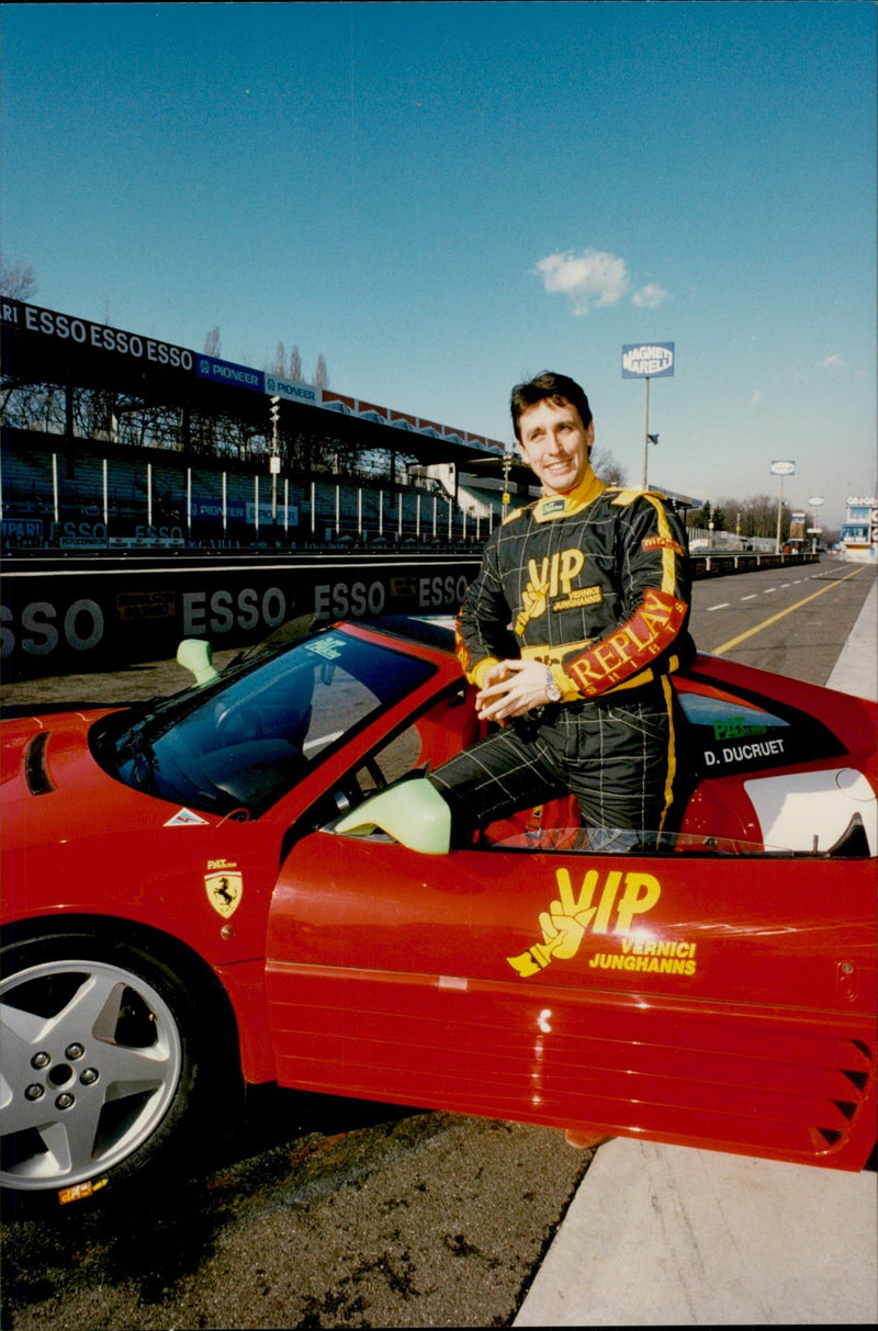 Daniel Ducruet is trying to drive Ferrari on the Autodromo Nazionale Monza race track. - Vintage Photograph