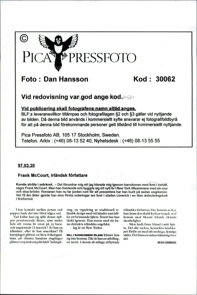 Irish writer Frank McCourt - Vintage Photograph