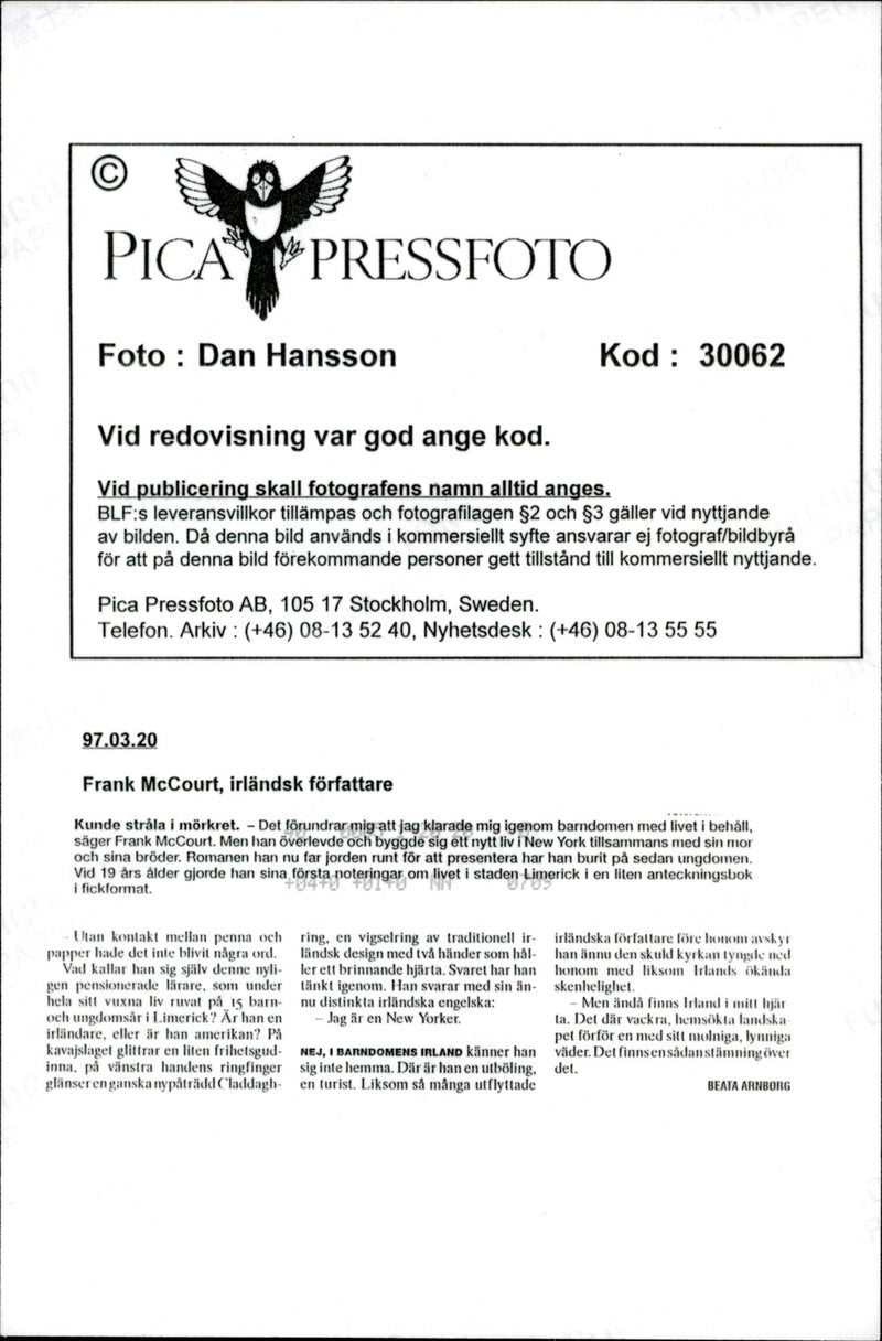 Irish writer Frank McCourt - Vintage Photograph