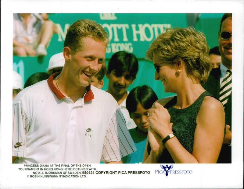 Jonas BjÃ¶rkman is congratulated by Princess Diana after the win. - Vintage Photograph