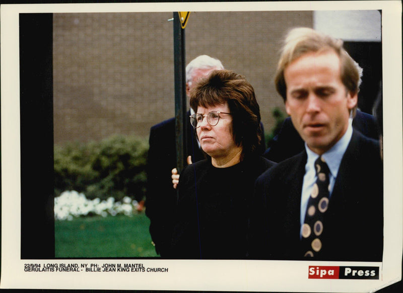 Billie Jean King leaves the church after the funeral of the American tennis player Vitas Gerulaitis. - Vintage Photograph