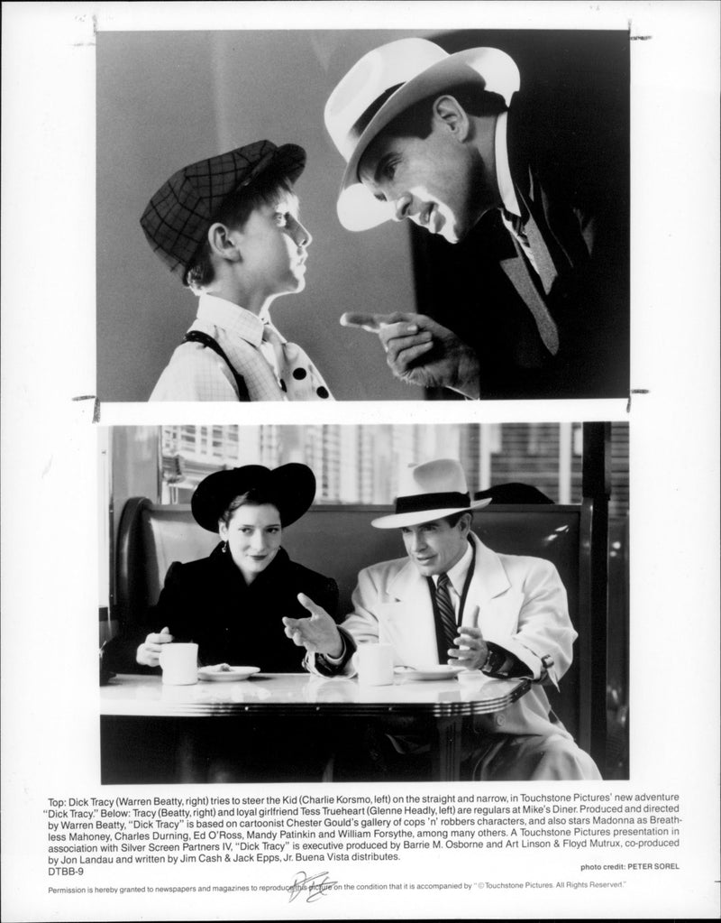 Warren Beatty with Charlie Korsmo (above)and Glenne Headly in film 'Dick Tracy' - Vintage Photograph