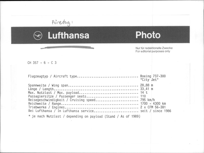 A Boeing 737-300 &quot;City Jet&quot; belonging to Lufthansa in the air. - Vintage Photograph