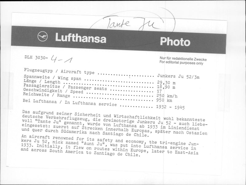 Plan för Junkers Ju 52-modellen som ingick i Lufthansa-flottan 1932-1945. - Vintage Photograph