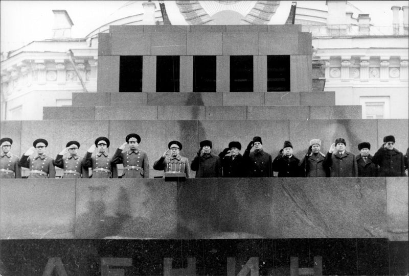 Soviet President Leonid Breshnev on Lenin Mausoleum at Red Square. - Vintage Photograph