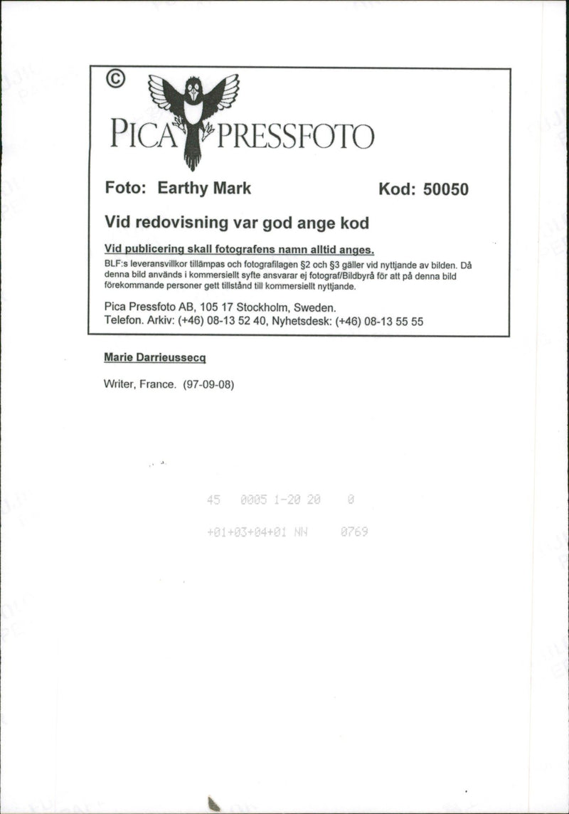 1997 TELEPHONE SWEDEN PICA RESPONSIBLE IMAGE FRANCE MARIE WRITER - Vintage Photograph